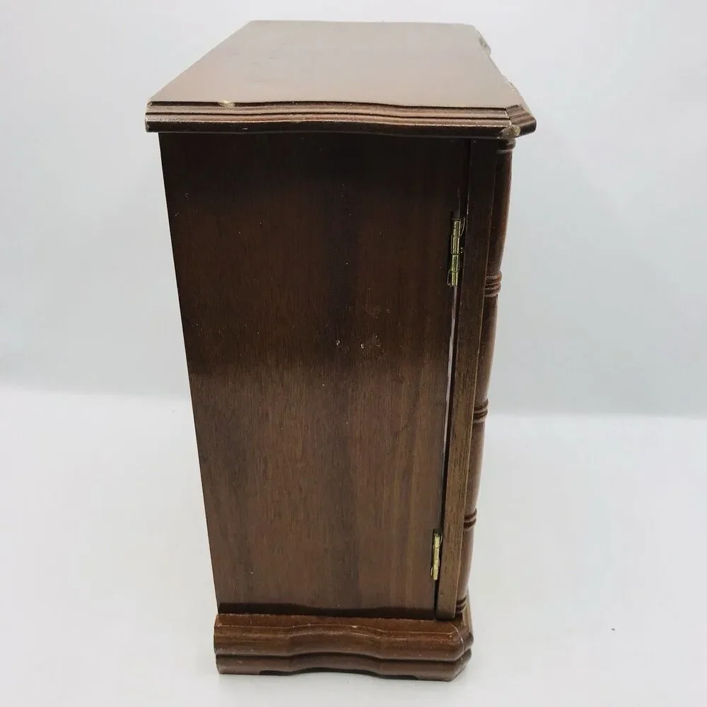 Vintage Powell Wooden Jewelry Box Armoire Etched Glass, Wheel, Taiwan  11.5x9x5